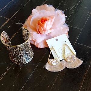 Gold Cuff Bracelet and Pink Tassel Earrings